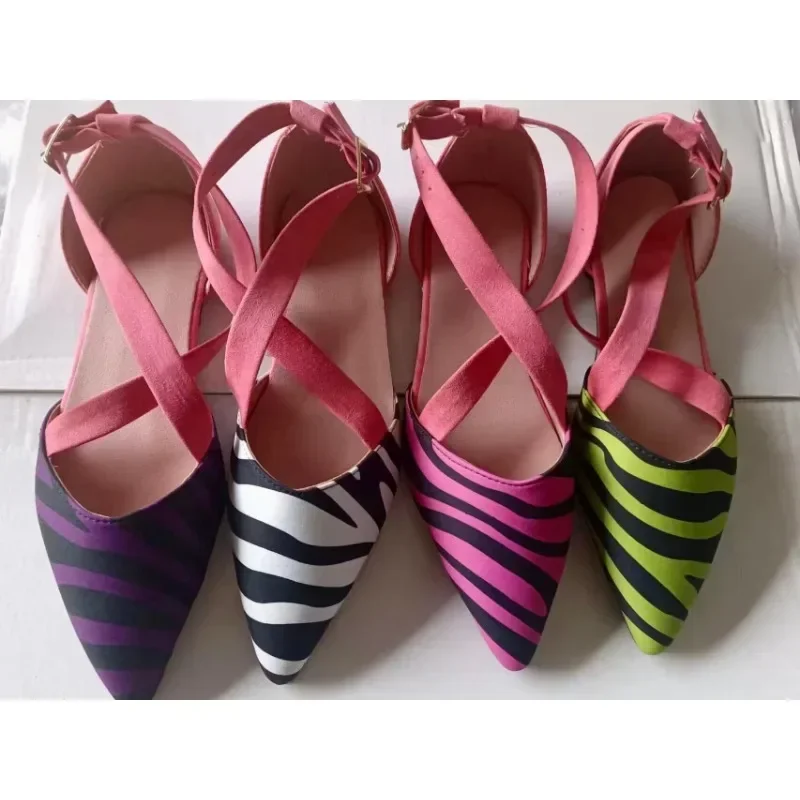 Women Sandals 2024 Summer New Casual Flat Pointed Toes Lady Shoes Zebra Faux Suede Splicing Pointed Mueller Shoes