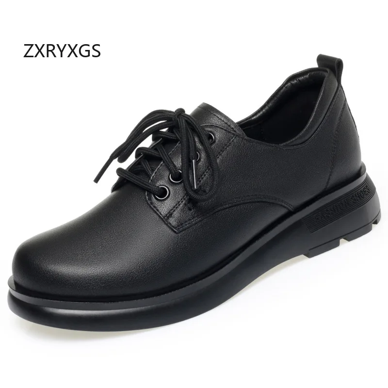 

ZXRYXGS Черные туфли премиум-класса из воловьей кожи с перекрестными ремешками, новинка 2025 года, модные женские туфли из натуральной кожи с круглым носком, туфли на танкетке, средний каблук, большой размер