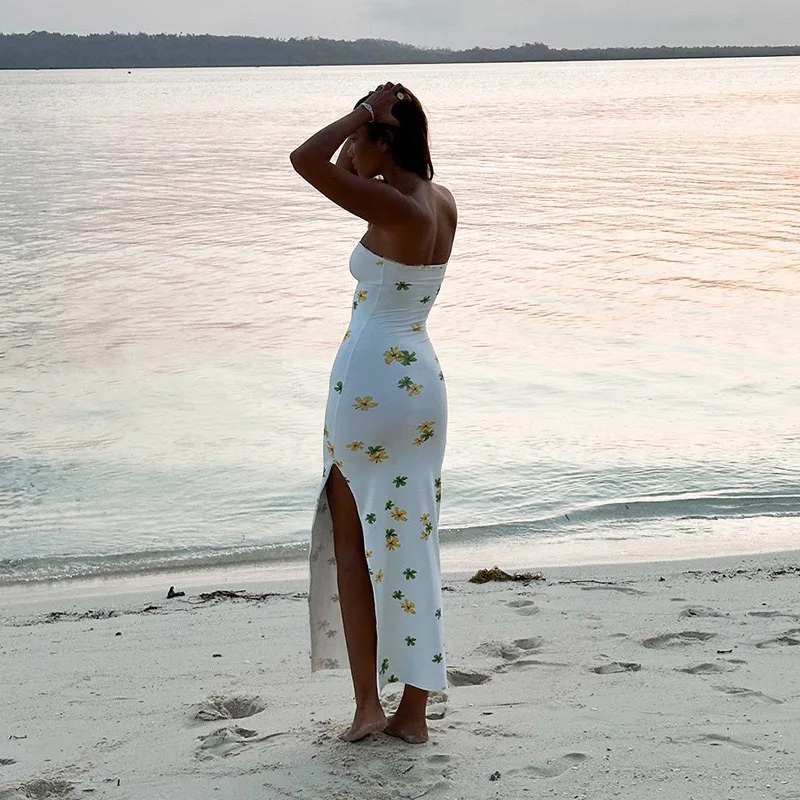 Euro-american Vacation Sexy Wrap Dress, Slit High Waist,Slim Temperament Printed Skirt,Chest Bound And Slit In 2024