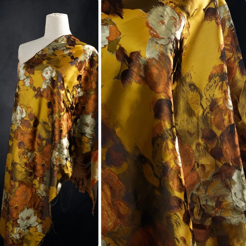 Robe de style de peinture à l'huile classique, robe Hanfu, tissu de mode, jaune, marron, document tissé, jacquard d'art, robe formelle, printemps et été