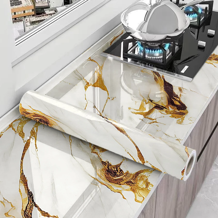 ورق جدران رخامي ذاتي اللصق لموقد المطبخ مقاوم للماء والزيت وملصقات الأثاث وخلفية المطاعم