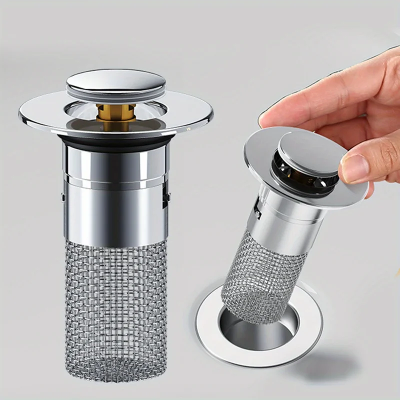 Washbasin Drain Filter Pop-Up Bounce Core Stopper Hair Catcher Stainless Steel Odor Proof Bouncing Core Press Type Sink Drain