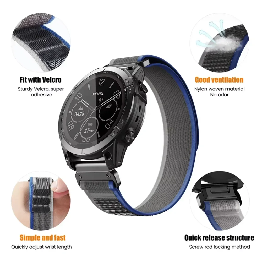 QuickFit 22mm 26mm Nylon Sport Strap For Garmin Fenix 8/Epix Pro Gen2 51mm 47mm/6X 7X Pro/Fenix 5XPlus forerunner 965 Watchband