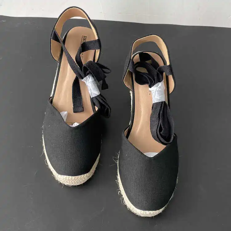 Closed Toe Sandals Black Shoes for Women Summer Heels Espadrilles Platform Large Size Clogs Wedge Beige Girls Lace Up Round Comf