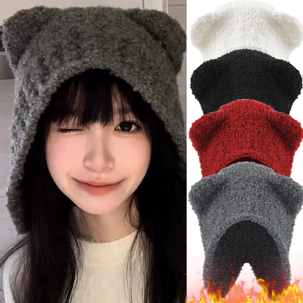 

Harajuku Cute Bear Knitted Hat for Woman Autumn and Winter Warm Plush Wool Thickened Lamb Fleece Skullies Beanies Bonnet Caps