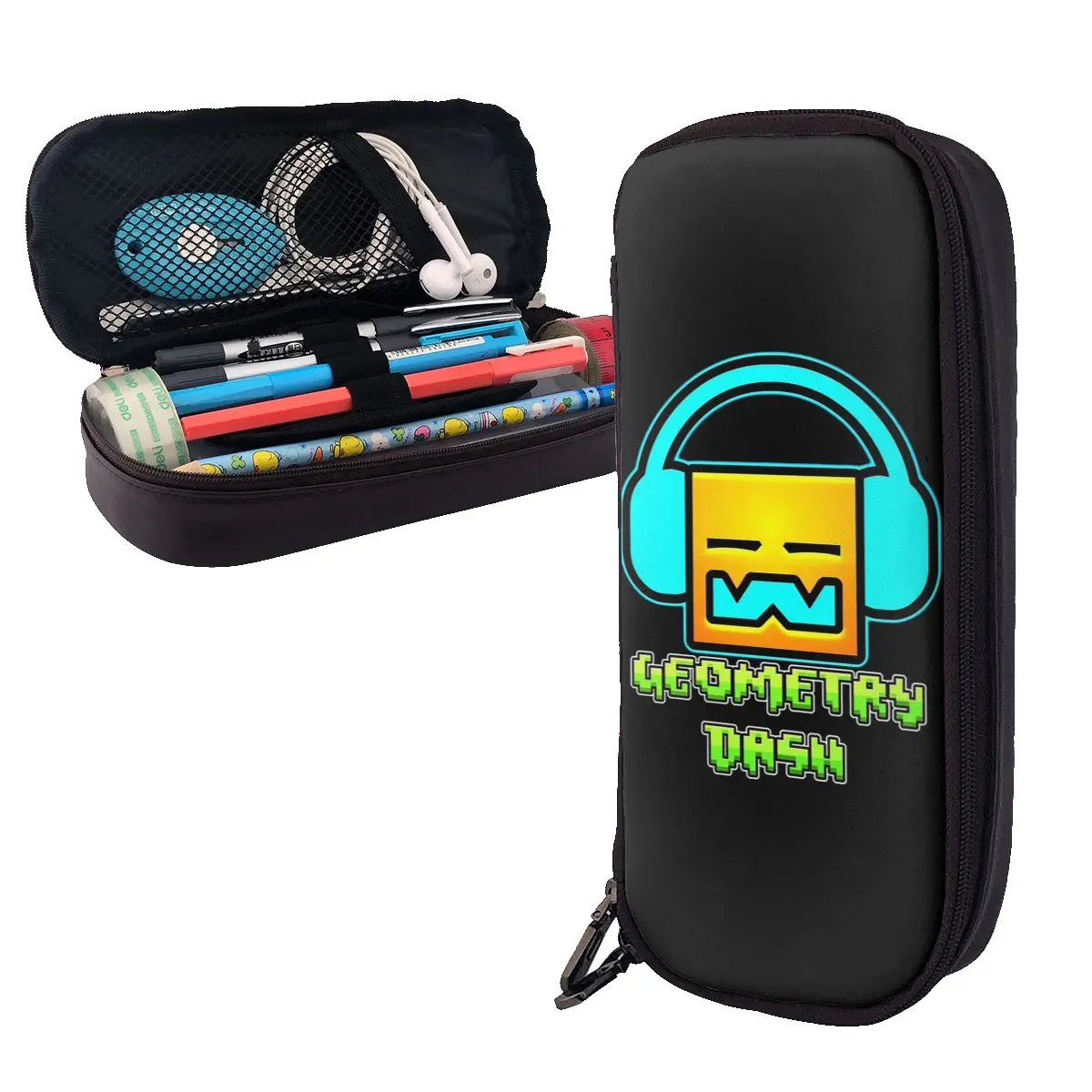 Geometry Dash Game Music Geometric Leather Pencil Case Pen Holder Storage Large Storage Pen Box Pencil Bag for Boys Girls School
