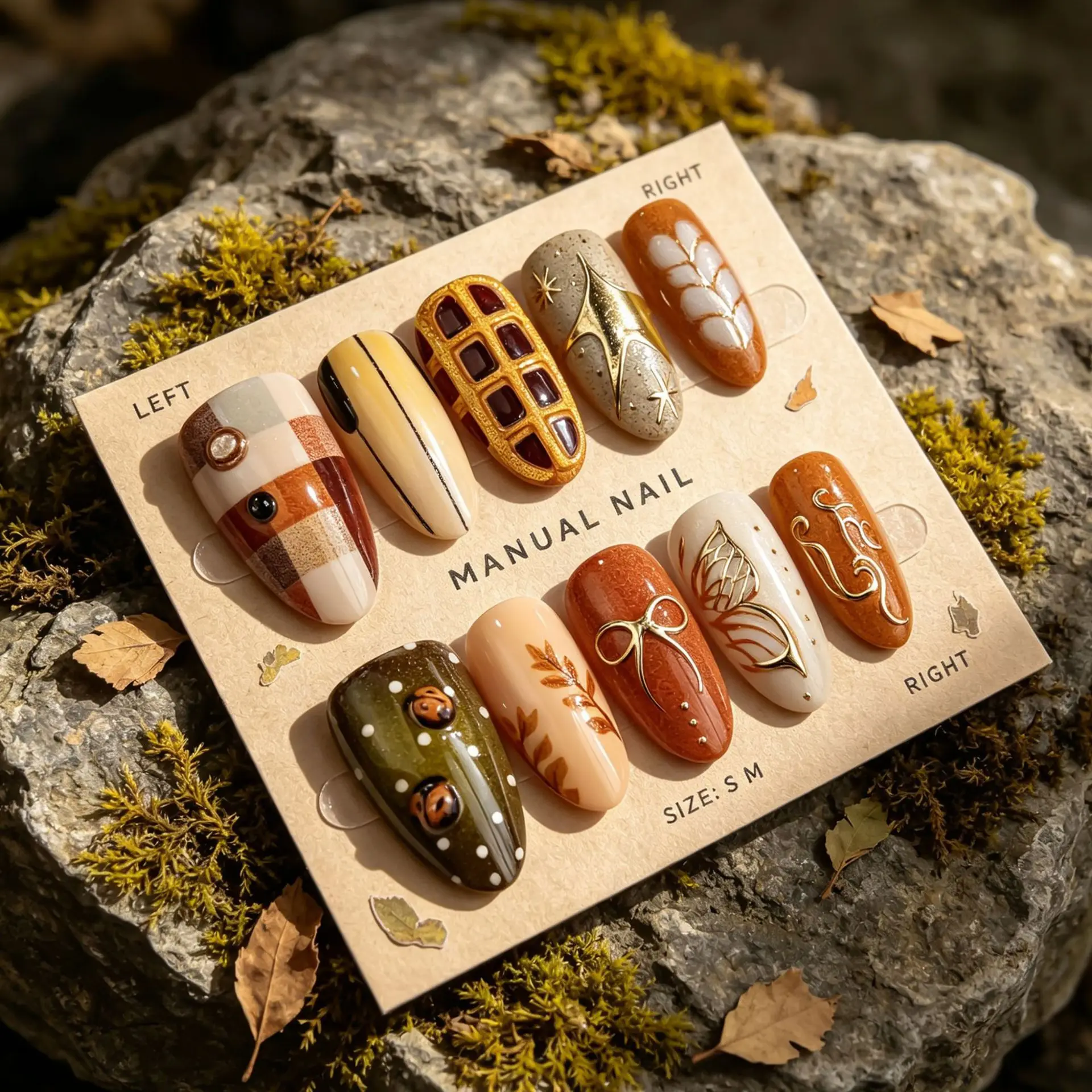 30pcs 3D Pie Grid Ladybug Press On Nails Plaid Checkerboard Maple Leaf Bow Fake Nail Gold Butterfly Almond False Nail for Women