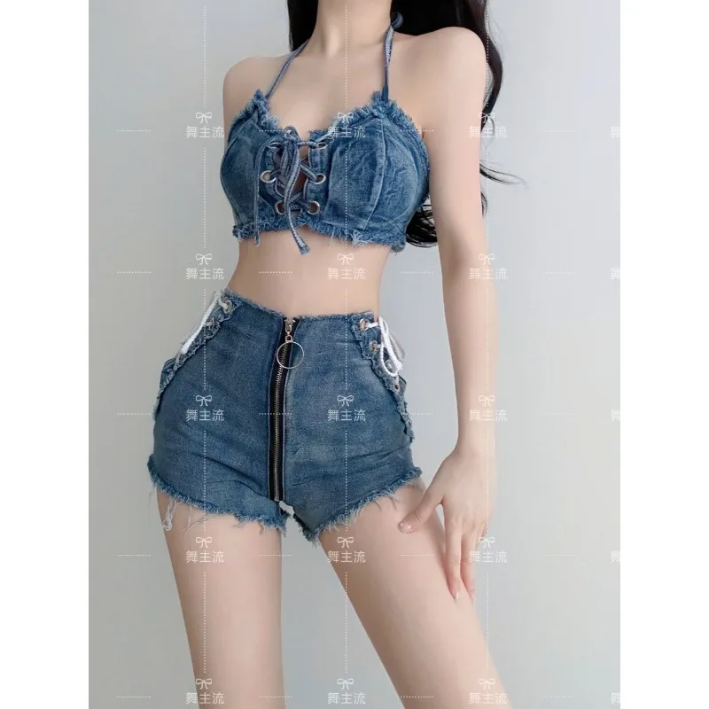 customized Bar sexy dance costume DJ jazz dance GOGO leading stage DS performance costume sexy denim vest shorts set