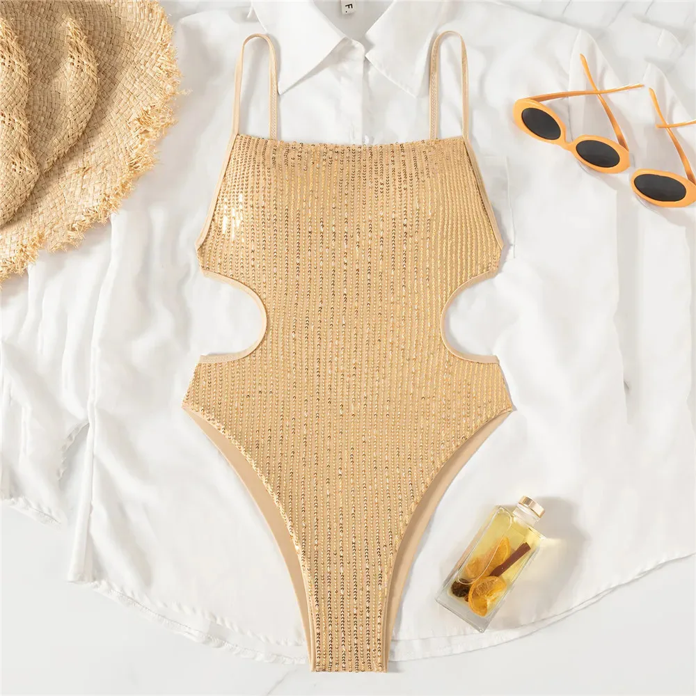 Gold Sequin Shiny Backless Swimwear One Piece Sexy Swimsuit Women 2026 Bathing Suit Side Waist Hollow Out Monokini Swimming Suit