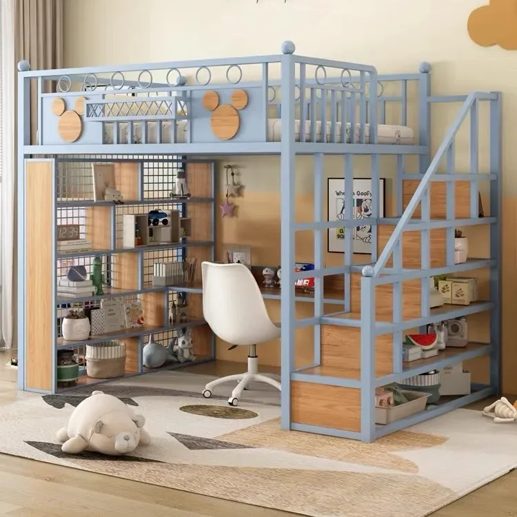 Wrought iron elevated bed sheet upper layer children's loft bed duplex second floor bed with ladder fence under table