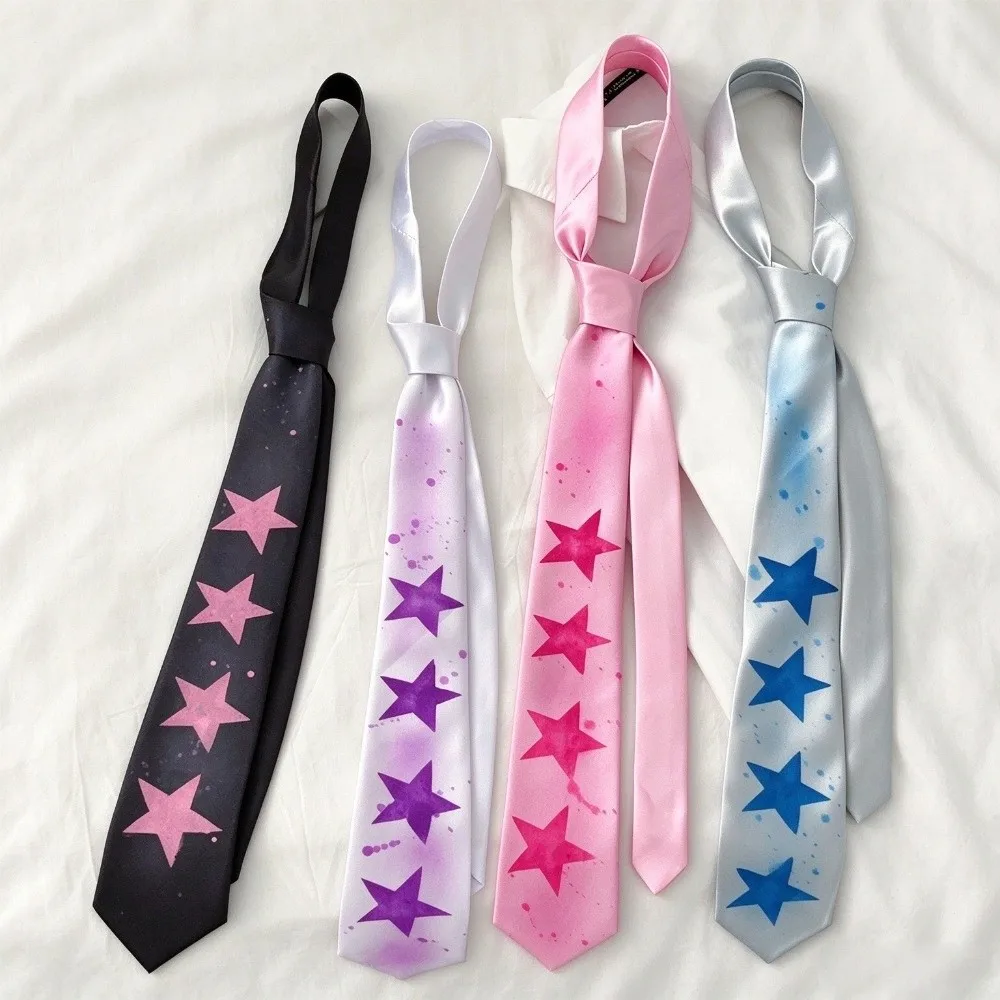 Y2K Style Star Print Necktie Vintage Finish Multi-Use Design Preppy Tie Narrow Width Smooth Satin Texture