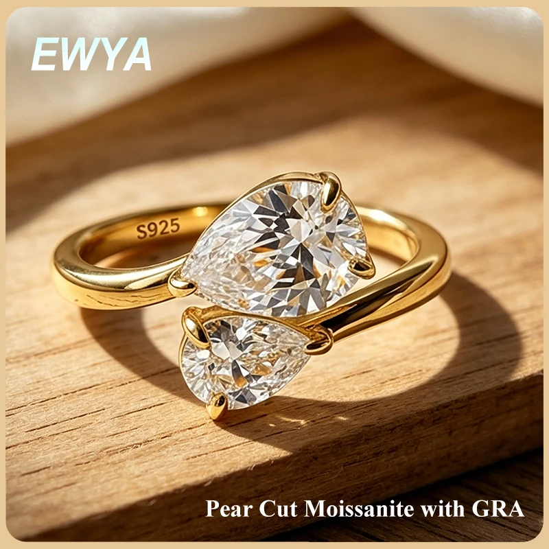 

EWYA 2.8cttw Toi et Moi Pear Cut Moissanite Ring Women Certified s925 Silver 2-Stone Diamond Rings Dainty Party Wedding Band