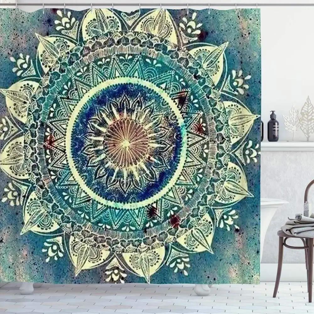 Mandala Flower Fabric Shower Curtain Set with Hooks Waterproof Indian Bohemian Green Blue Chic Bathroom Bath Curtain Home Decor