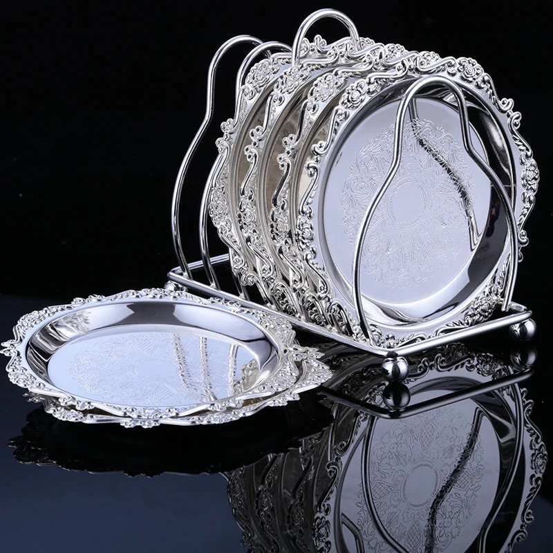 

Vintage Zinc Alloy Golden Cocktail Coaster Metal Exquisite Cake Tray SetSilver Plated Mat Placemat Snack Tray Dishes Rack Set