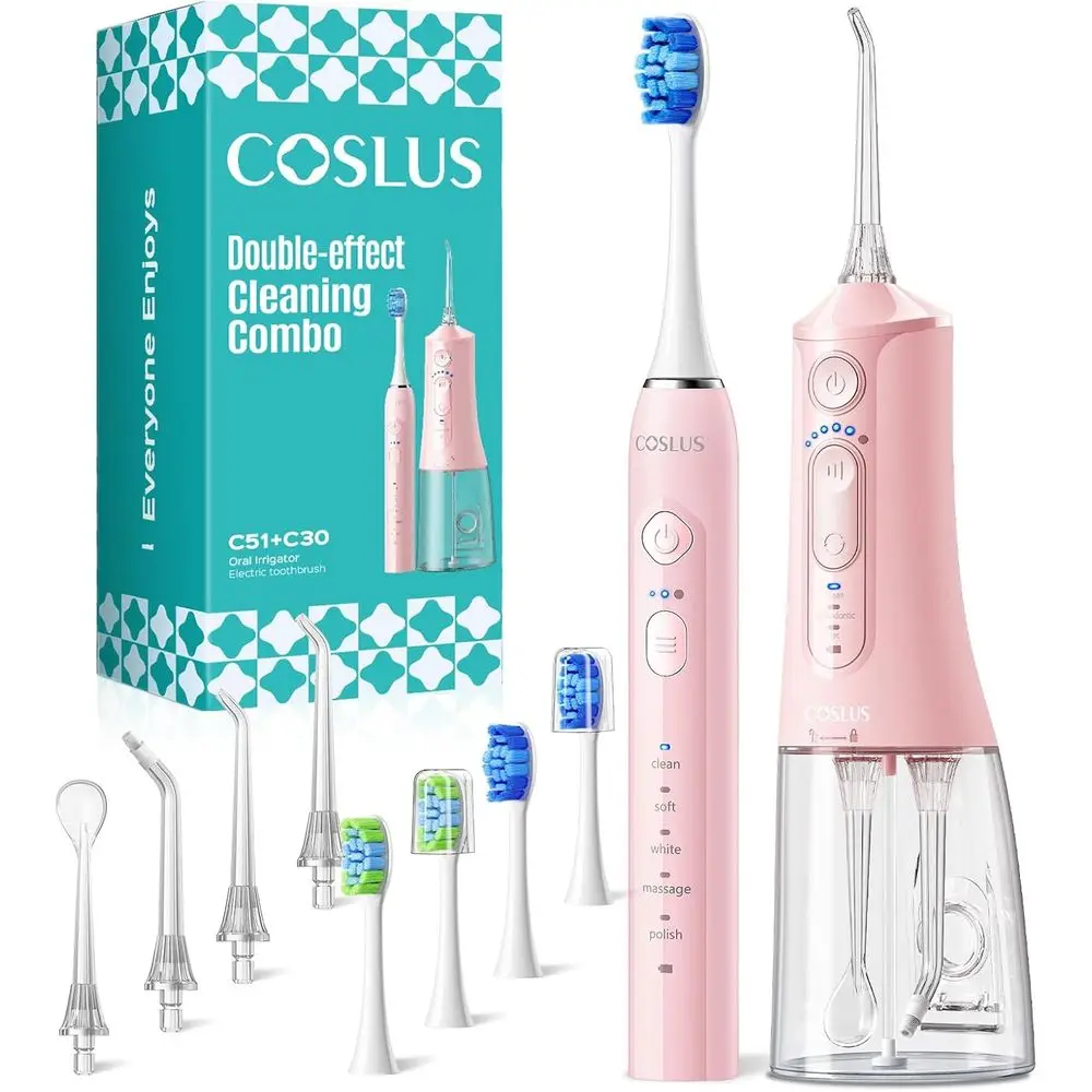 

Portable Electric Toothbrush Set with Water Flosser: Compact Oral Hygiene Kit for Multiple Uses and Travel, Pink