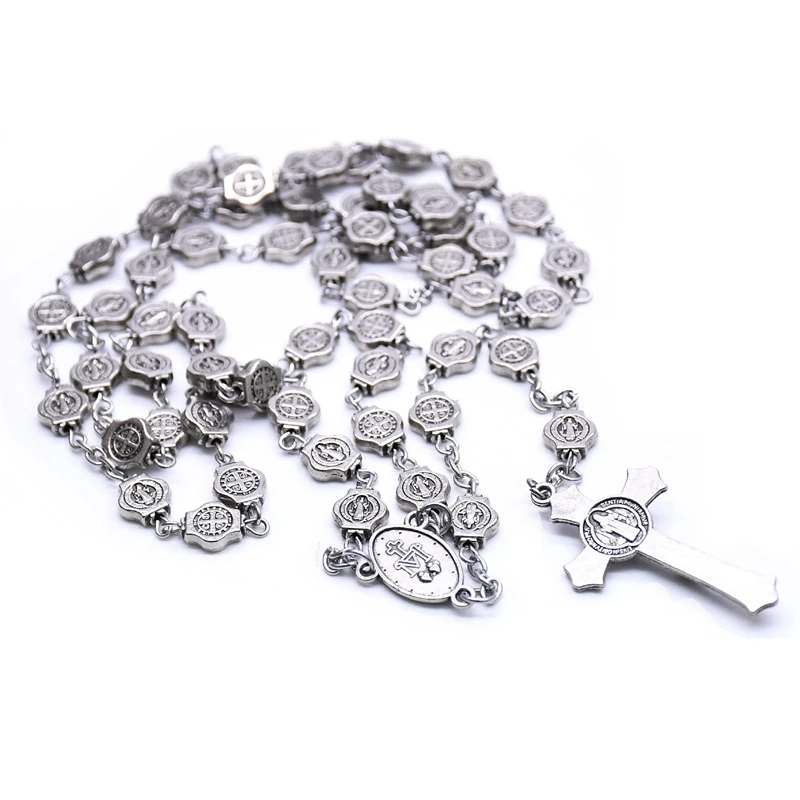 Vintage Religious Jewelry Metal Saint Benedict Rosary Necklace Long Cross Pendant For Men Women