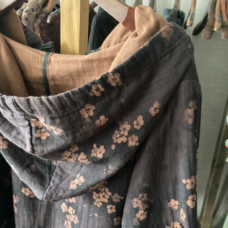 2025 جديد وصول ربيع الخريف المرأة عادية نوعية جيدة القطن الكتان هوديي البلوفرات كل مباراة خمر الأزهار البلوز T429 #4