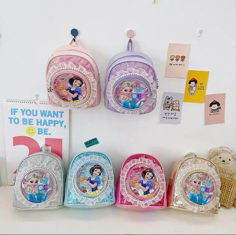 Disney Sequins Frozen Elsa Backpack Fashion Glitter School Book Bag Girls Kawaii PU Leather Travel Backpack Christmas gifts