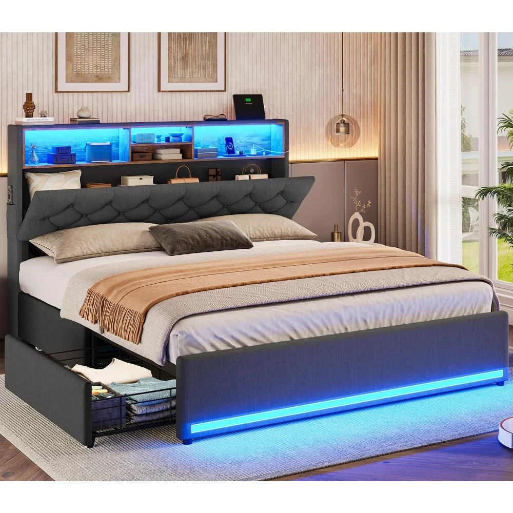 Queen Bed Frame with Hidden Storage Headboard & 4 Drawers, LED Bed Frame Queen Size with Charging Station, Upholstered Metal Bed