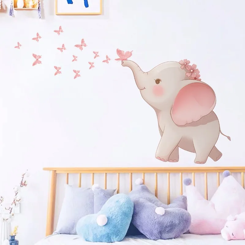 Pink Dream Butterfly Elephant Cartoon Decoration Wall Stickers Self-adhesive for Children Room Living Room Background Decal