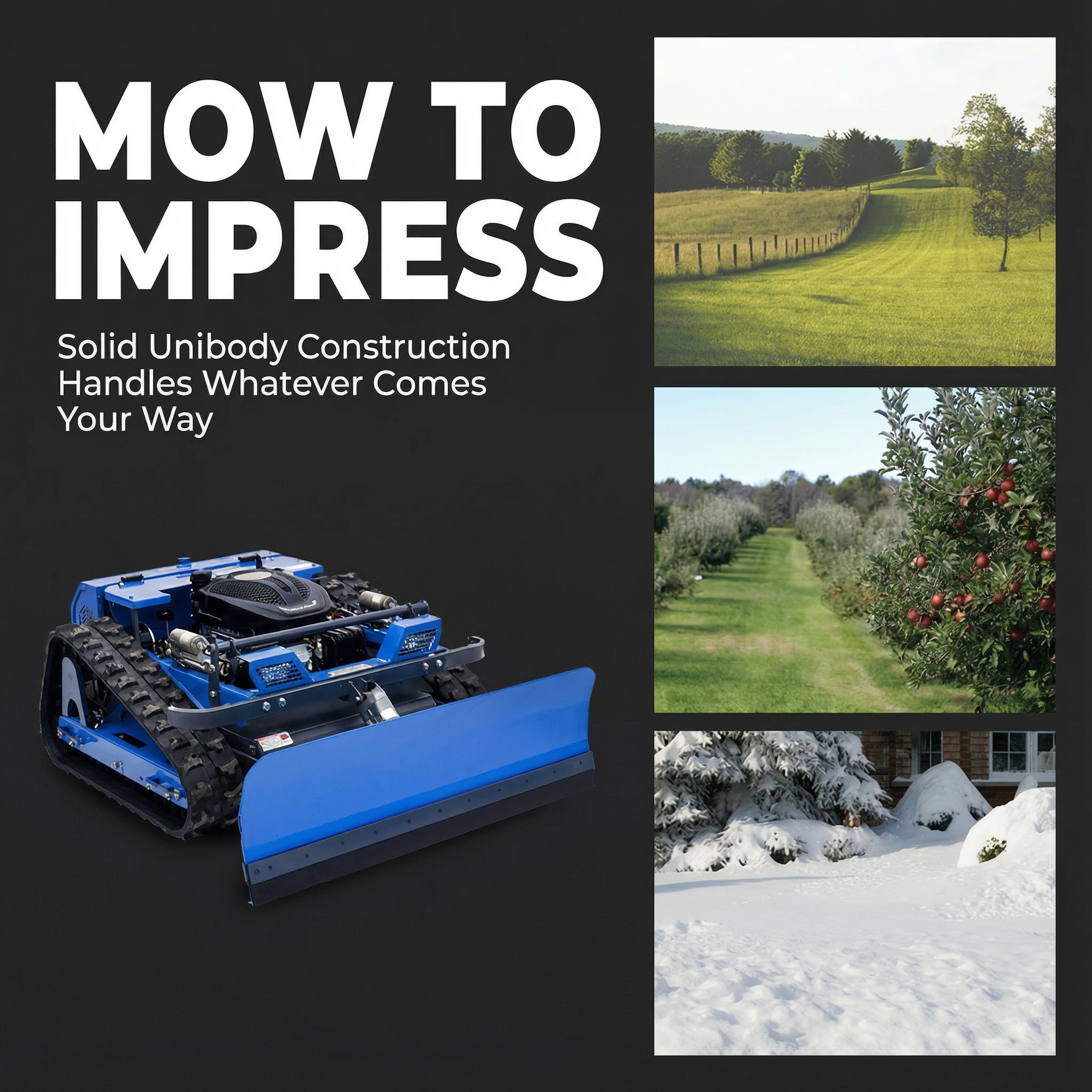 

Deposit for delivery Tracked Remote Controlled Lawnmower 45° Steep Slope Capability, Snowplow Included, All-season Use.