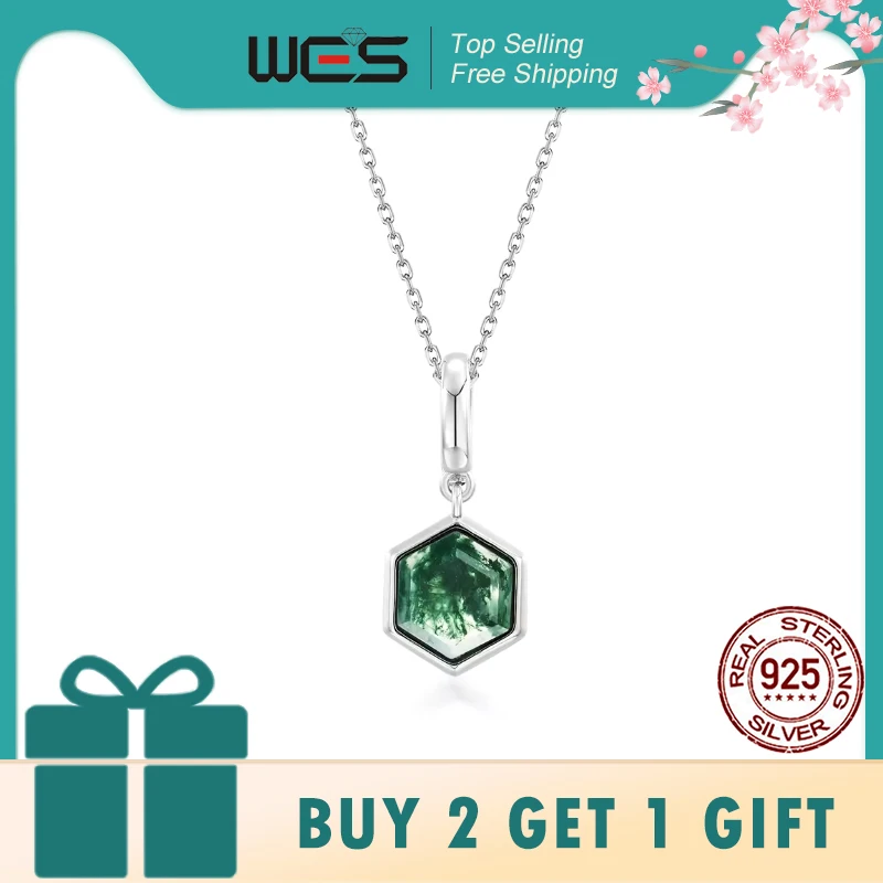 

WES 925 Sterling Silver Hexagon Natural Moss Agate Pendant Necklace for Woman 8*9mm Lady Engagement Gift Wholesale Jewelry