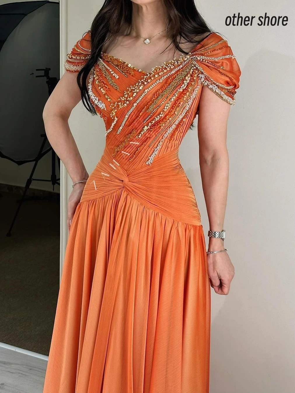 Andere Ufer elegante Vintage süße orange Perlen Chiffon Rüschen Sommer anpassen formale Gelegenheit Abschluss ball Kleid Abend Party Kleider