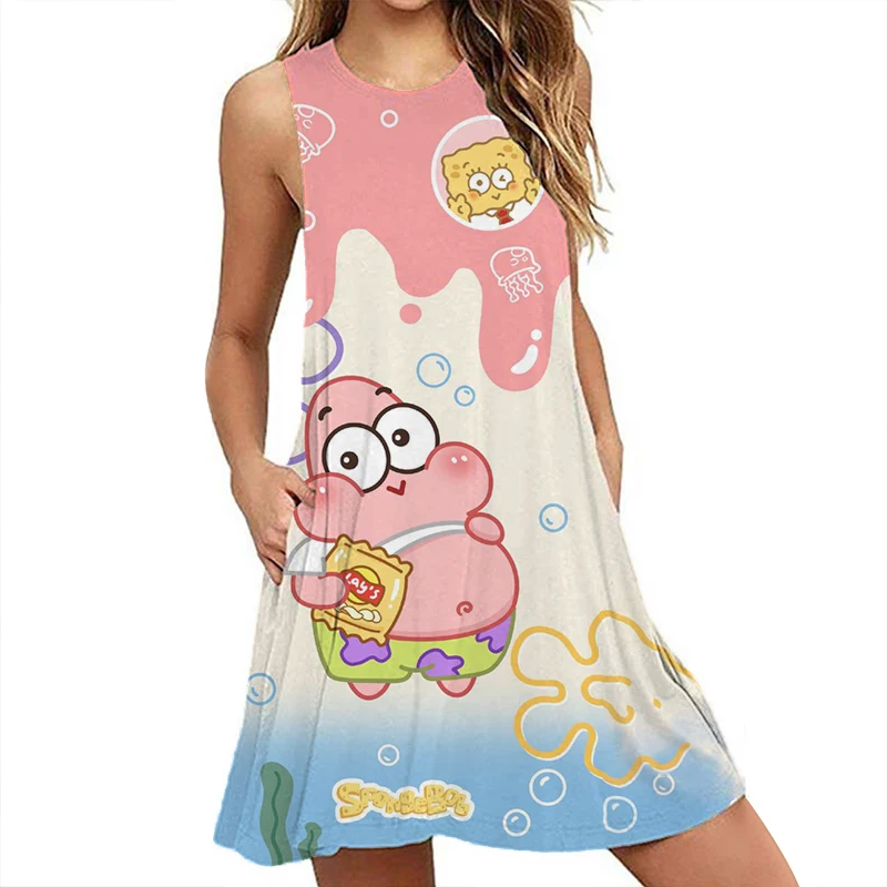 Cute SpongeBob SquarePants dress 2024 new loose dress 3D cartoon sleeveless pullover dress fashionable casual comfortable dress