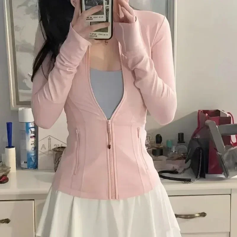 Women Define Long Sleeve Sports Jacket With Pockets High Elastic Fitness shaping Running Zip Up Jackets Workout Coat Top