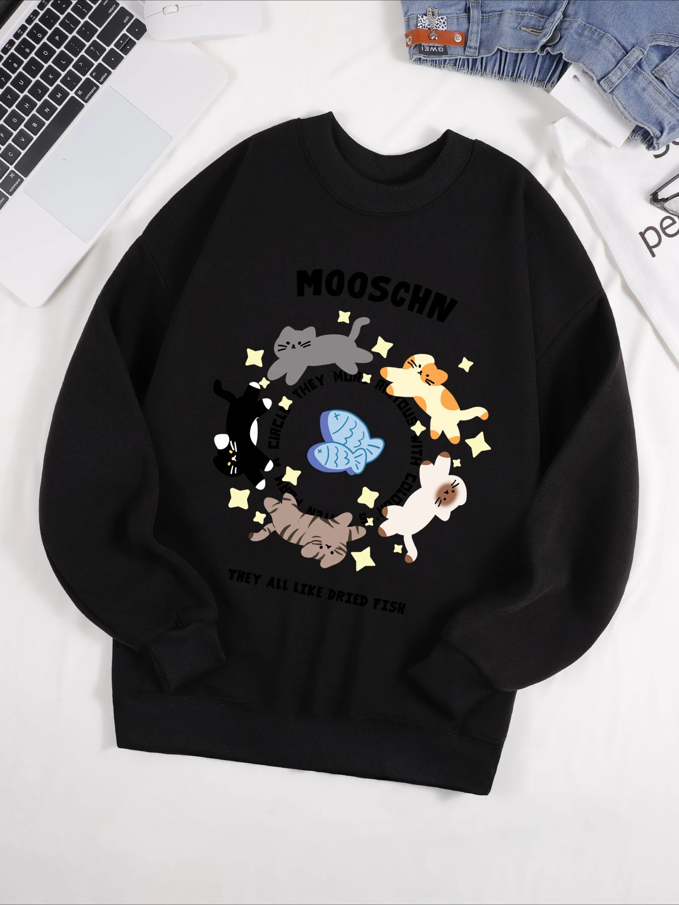 Mooschn They All Like Dried Fish Printed Sweatshirt Men women warm Loose Pullover Creative Sportswear Autumn Winter innerwear