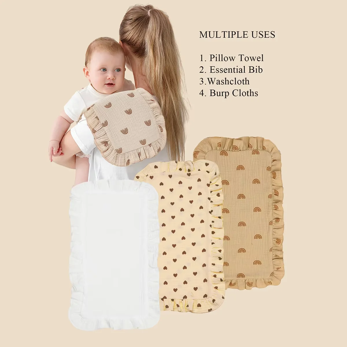 

3Pcs/Set Boho Rainbow Muslin Cotton Gauze Shoulder Rag Baby Burping Pad Ruffle Newborn Baby Burp Cloths