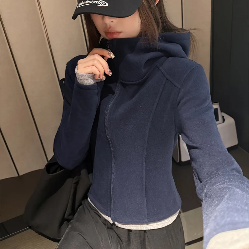 Women's Solid-Color Patchwork Hooded Slim-Fit Long-Sleeve Jacket Autumn Winter Soft  Warm Fleece Outerwear Zipper Top.