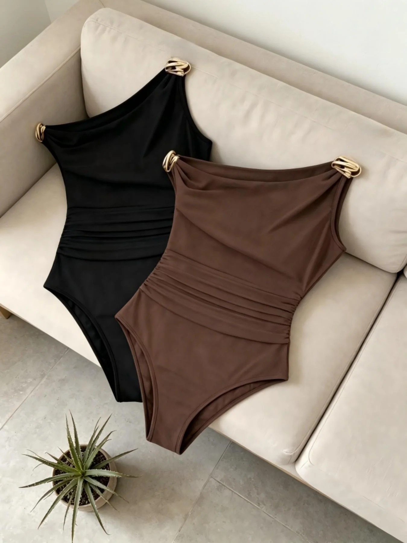 2 Pack One Shoulder Metal Ring Ruched Waist Bodysuit High Cut Slim Fit Y2K Sexy Vacation One Piece Top