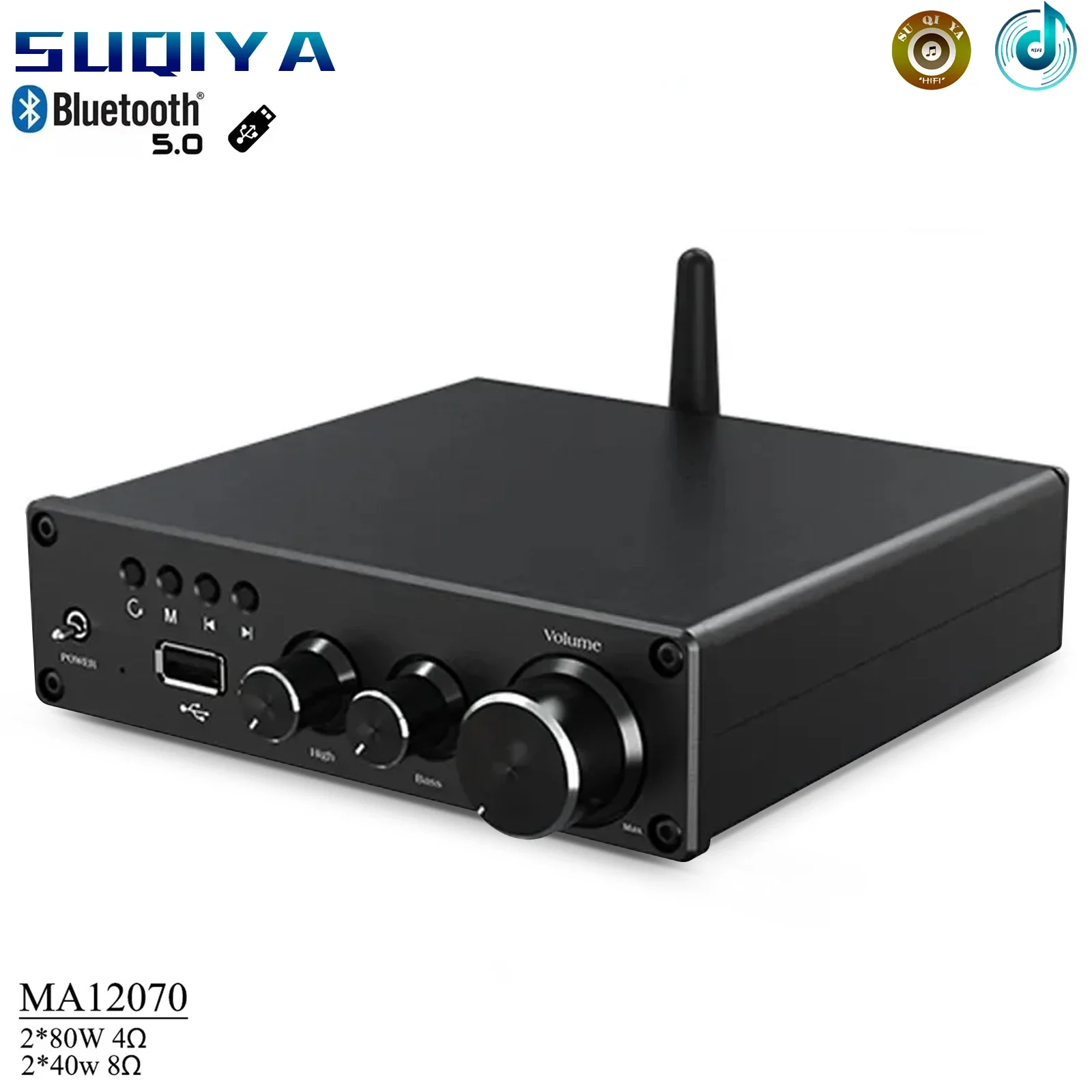 

Bluetooth 5.0 USB Infineon MA12070 80W*2 Class D Audio Amplifier Treble Bass Stereo Sound Speaker HiFi Amp