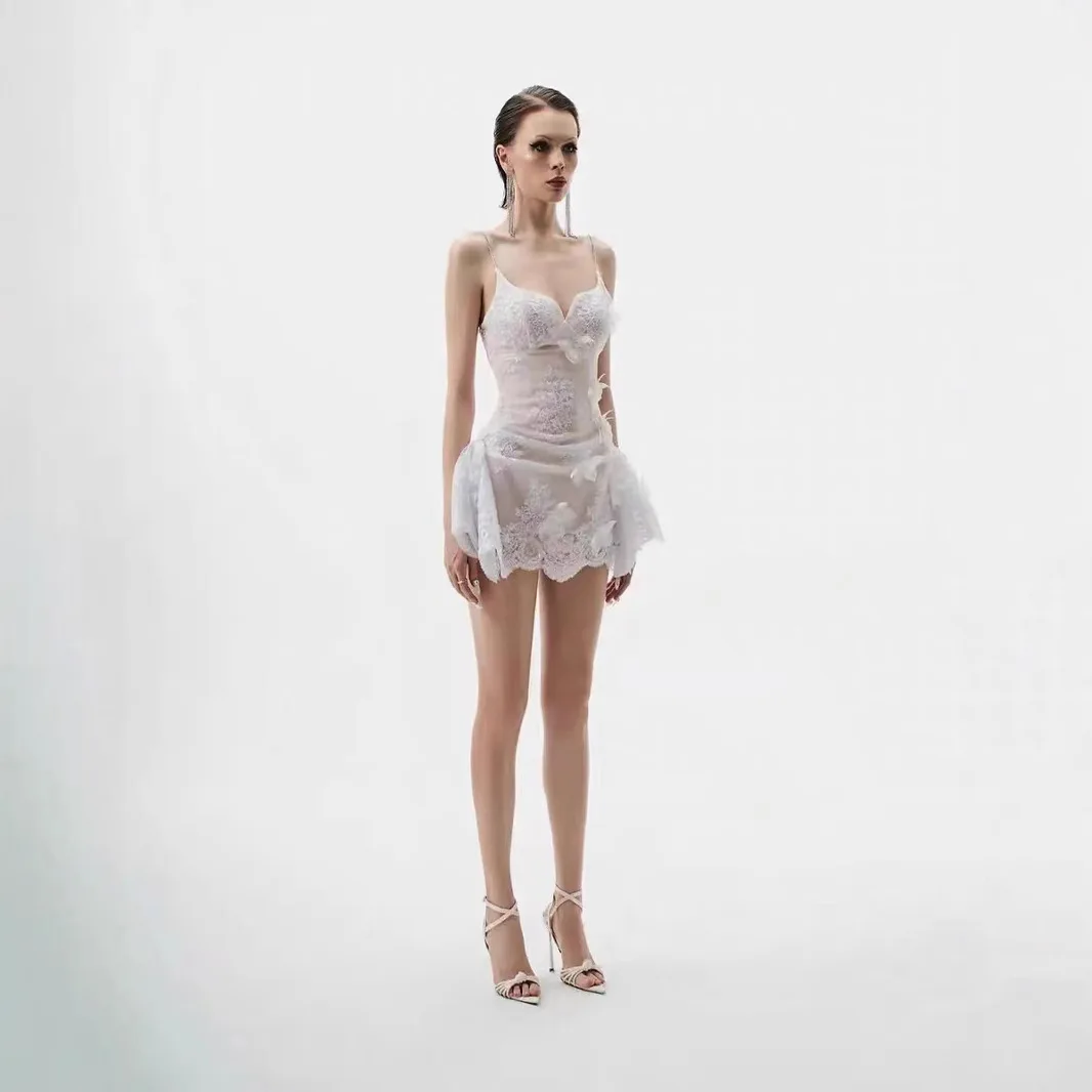 Sexy Lace Spaghetti Strap See Through Flower Dress for Women 2025 Summer High Waist Bodycon Mini Dresses Casual Holiday Outfits