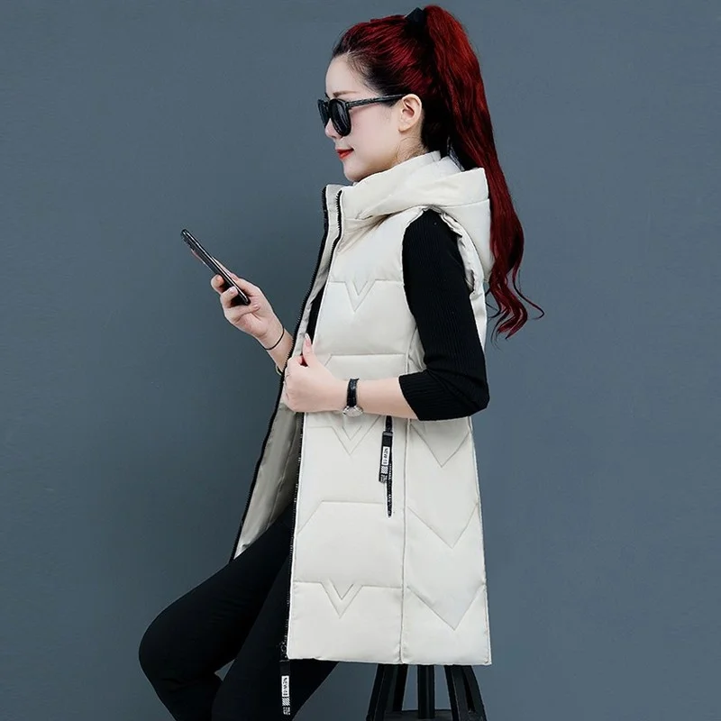 Waistcoat Vest Women Autumn Winter Long Korean Thick Waistcoat Vest Coat 2025 New Hooded Down Cotton-Padded Vest Female Overcoat