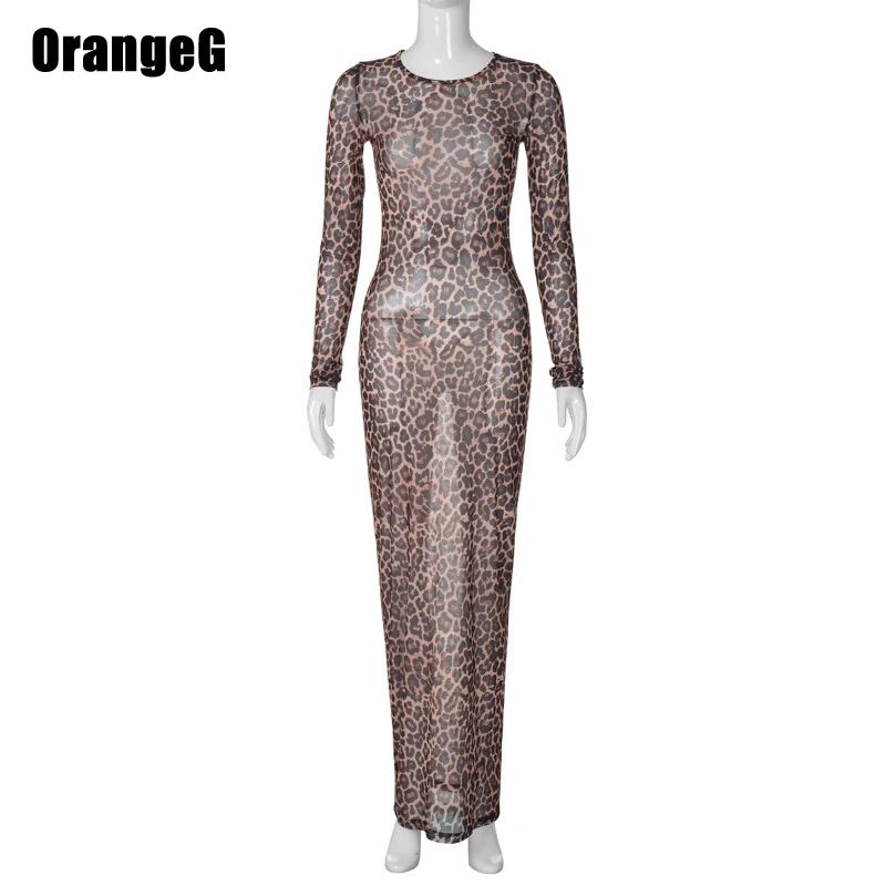 OrangeG Leopard See-Through Long Pencil Dress Women Crew Neck Stretchy Full Sleeve Elegant Perspective Clothes New Arrivals