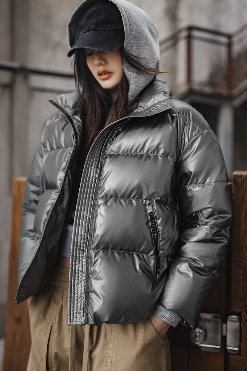 Maden Casual Shiny 90% White Duck Down Jacket Short Stand-up Collar Warm Puffer Jacket for Women Fall and Winter Thickened Coat