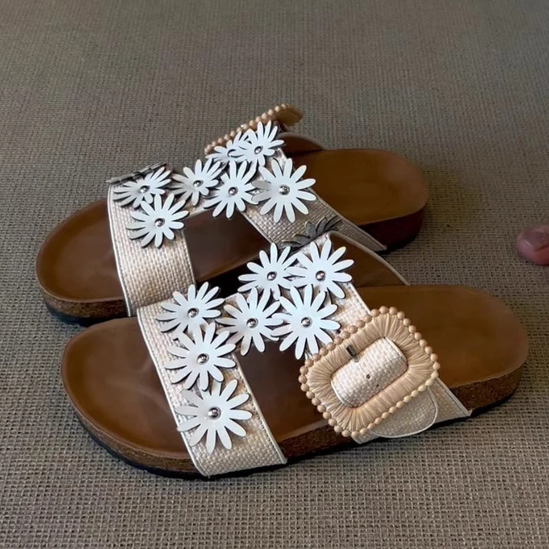 الجدة برشام زهرة الديكور نعال مسطحة النساء فريد مربع مشبك تصميم الشريحة الصنادل الصيف مثير المفتوحة تو صنادل شاطئ #3