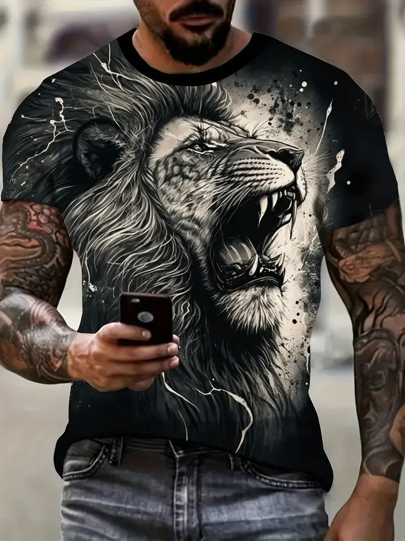 T-shirt For Men Lion 3D Printed Crew Neck Short Sleeve Casual Outdoor Streetwear Sports Top Tees Pullover Oversized Clothing