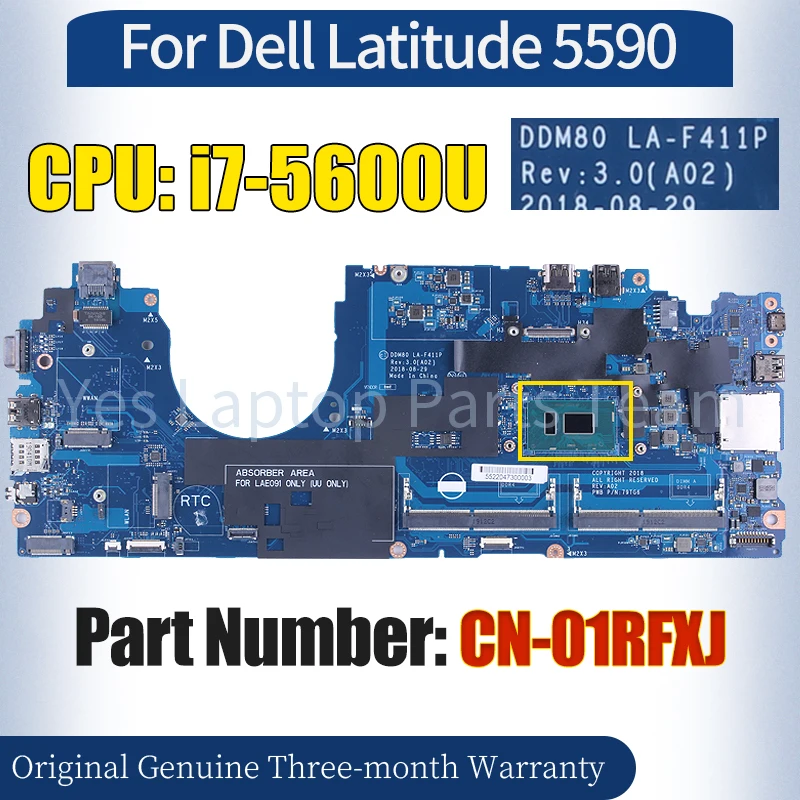 

DDM80 LA-F411P For Dell Latitude 5590 Laptop Mainboard CN-01RFXJ SR3JY i3-7130U 100％ Tested Notebook Motherboard