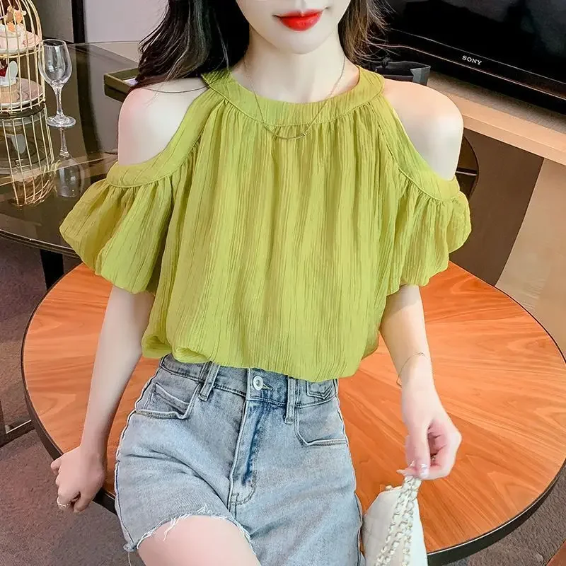 Female Tops Green Chiffon Women's Shirt and Blouse Off Shoulder Sexy New Collection 2024 Simple Cheap Stylish Aesthetic Cool Xl