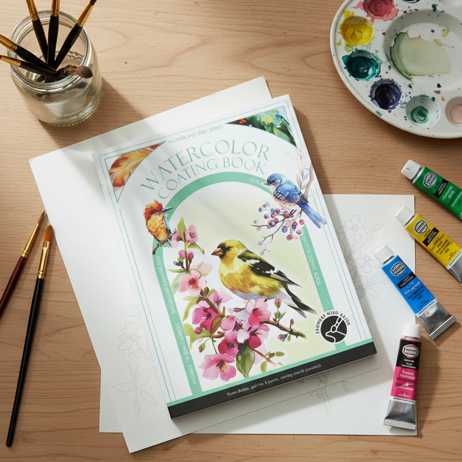 

Watercolor Coloring Book Water Color Paper Book Paint Set (Flower and Bird)