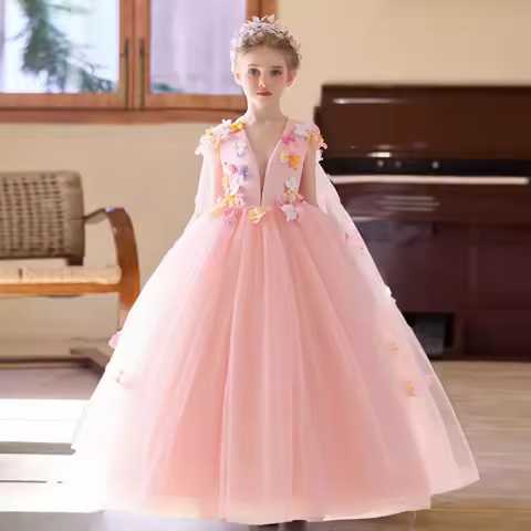 Elegant Flower Bridesmaids Party Girls Dress Fashion Wedding Princess Prom Dress Tulle Graduation Birthday Evening Kids Clothing