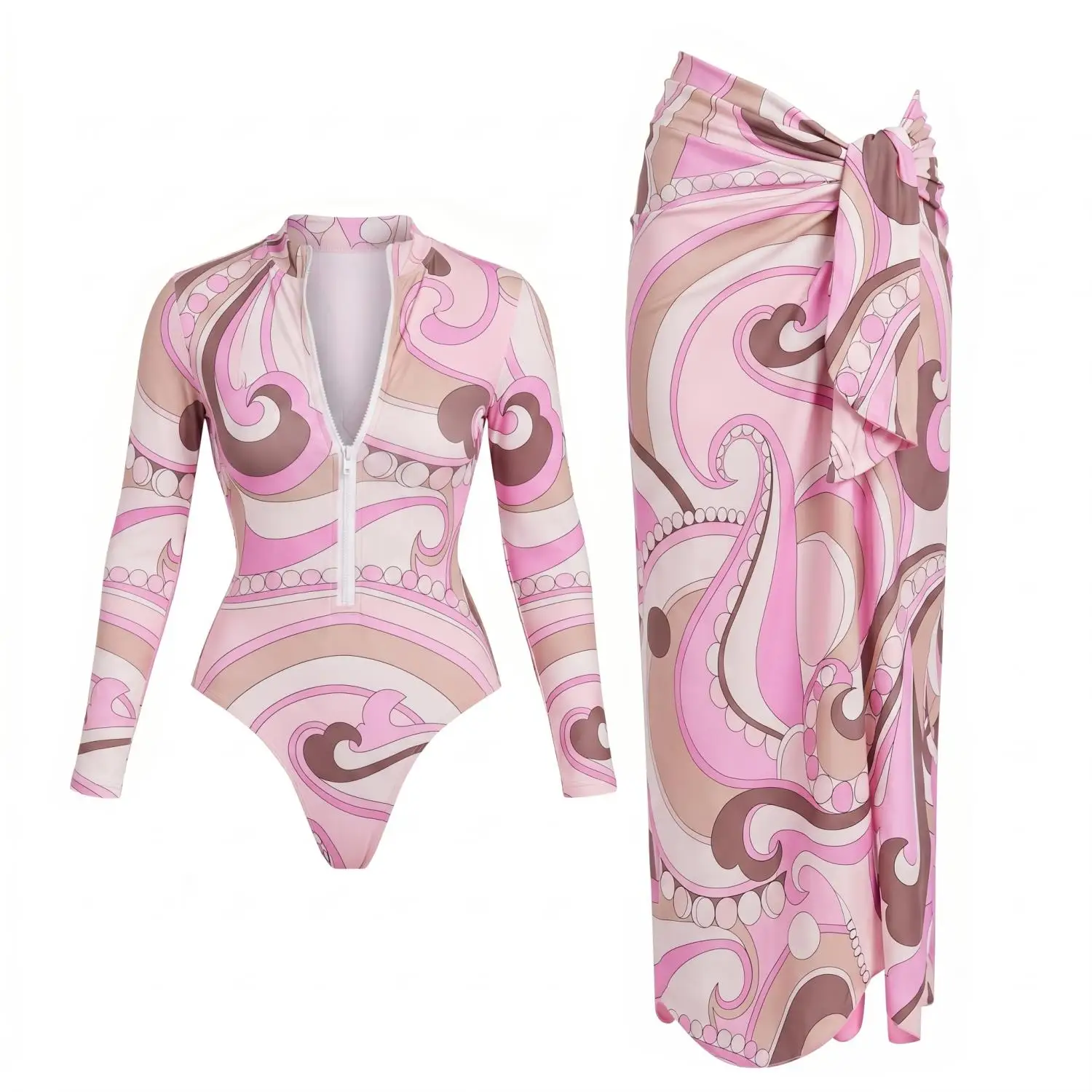 2026 2Pc Sexy Women One Piece Swimsuit Female Swimwear Pink Printed Biquini Long Sleeve Monokini Swim Suit Bathingsuit Beachwear