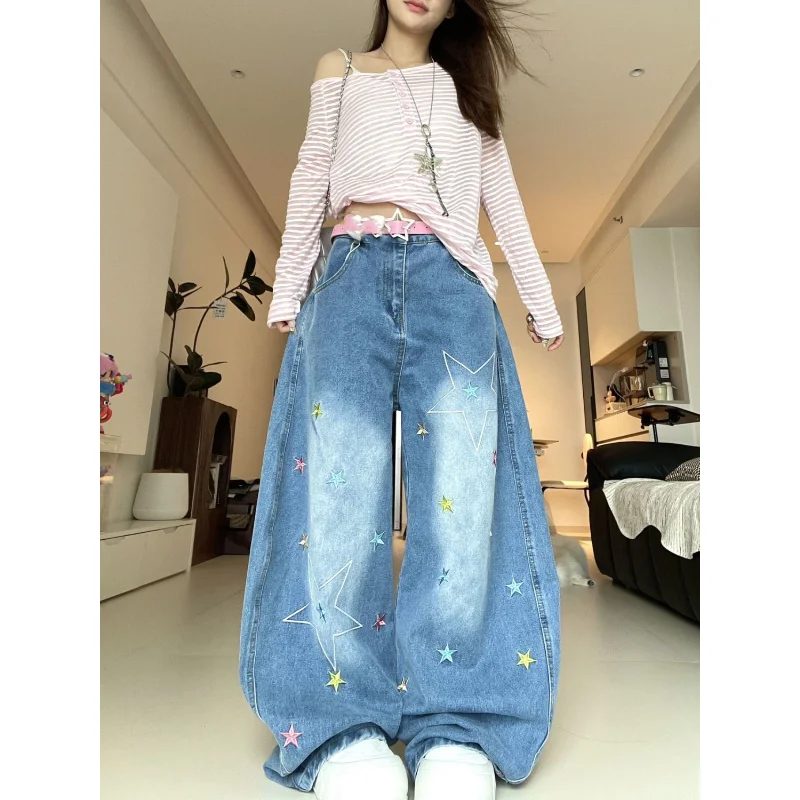 

Embroidery Vintage American Star Jeans Women Denim High Waist Loose Slim Trousers Streetwear Hop Moda Wid Leg Pants