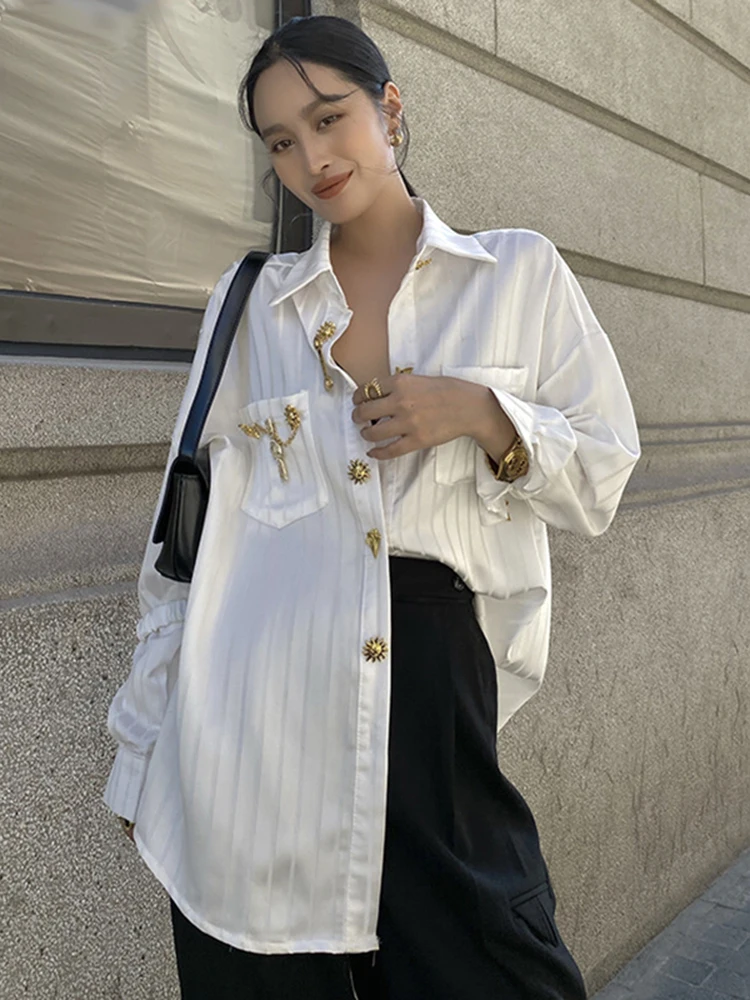 Vintage White Striped Casual Shirts Metal Button Lapel Single Breasted Long Sleeve Blouse Office Lady American Retro Female