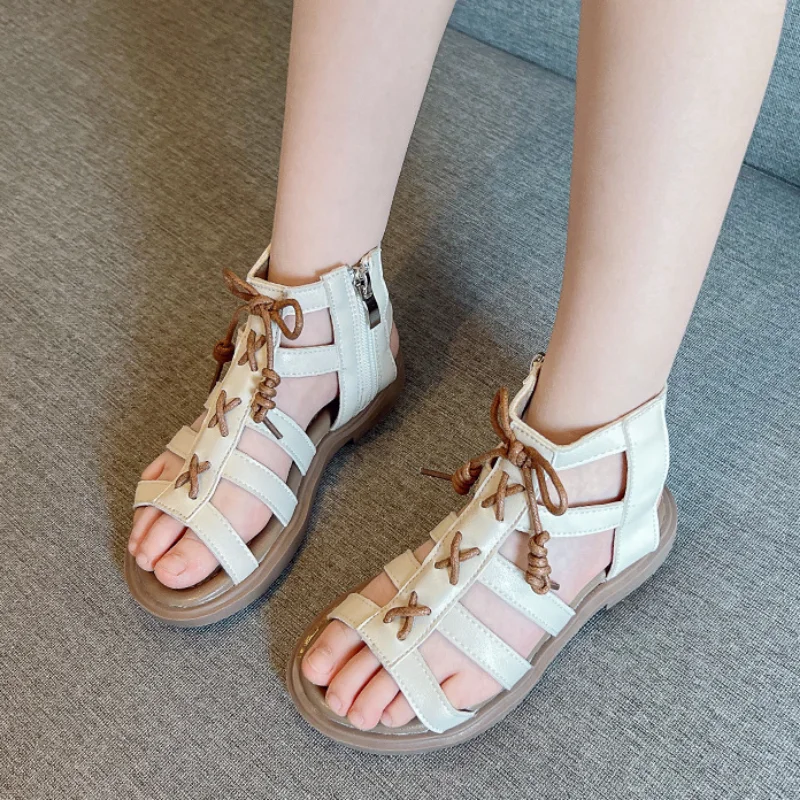 Children\'s Fashion Roman Shoes for Girls 2023 New Summer Soft Sole Open-toe Kids Shoes Casual Versatile Side Zipper Flat Sandals