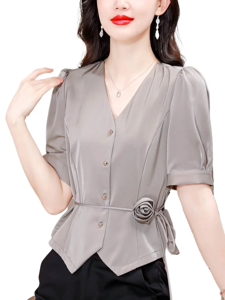 

Elegant Short Sleeve Chiffon Blouse Women Summer Fashion Shirt New