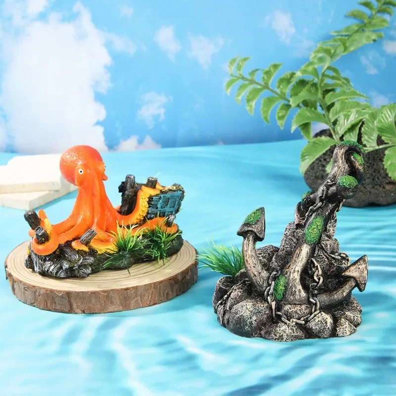 Creative Aquarium Resin Octopus Ship Ornament with Simulated Anchor Figurine for Seabed Landscaping and Fake Boat Decor
